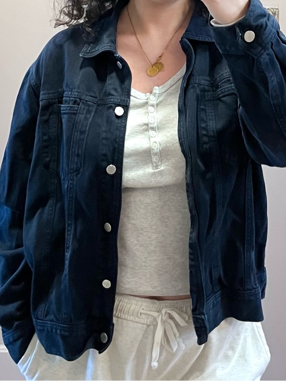 Navy Blue Jean Jacket with Silver Buttons | Karen Kane | size L